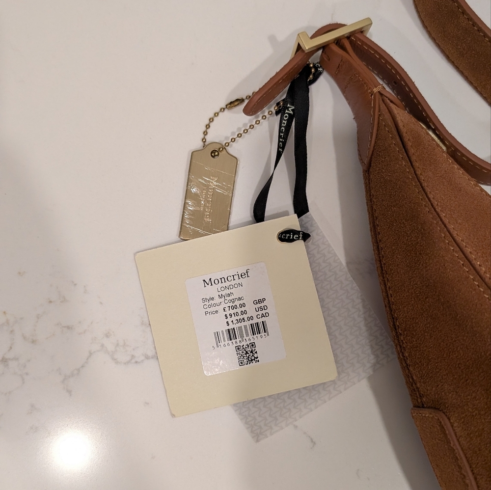 NWT Moncrief London Mylah Cognac Suede Handbag - Picture 7 of 12